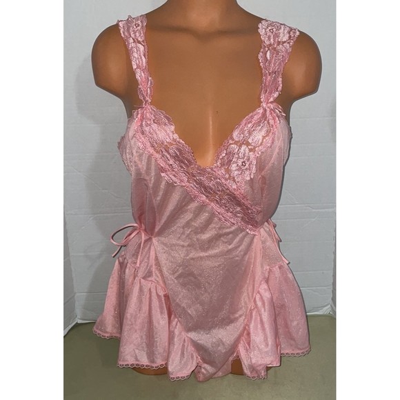 Vintage Silky pink w/ eyelet Babydoll lingerie teddy Romper bodysuit M - Picture 2 of 11